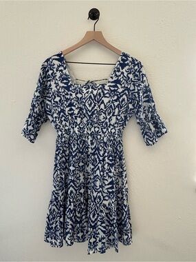 Madison Mathews Blue White Boho Mini Dress Elastic Waist Coastal Coquette XS